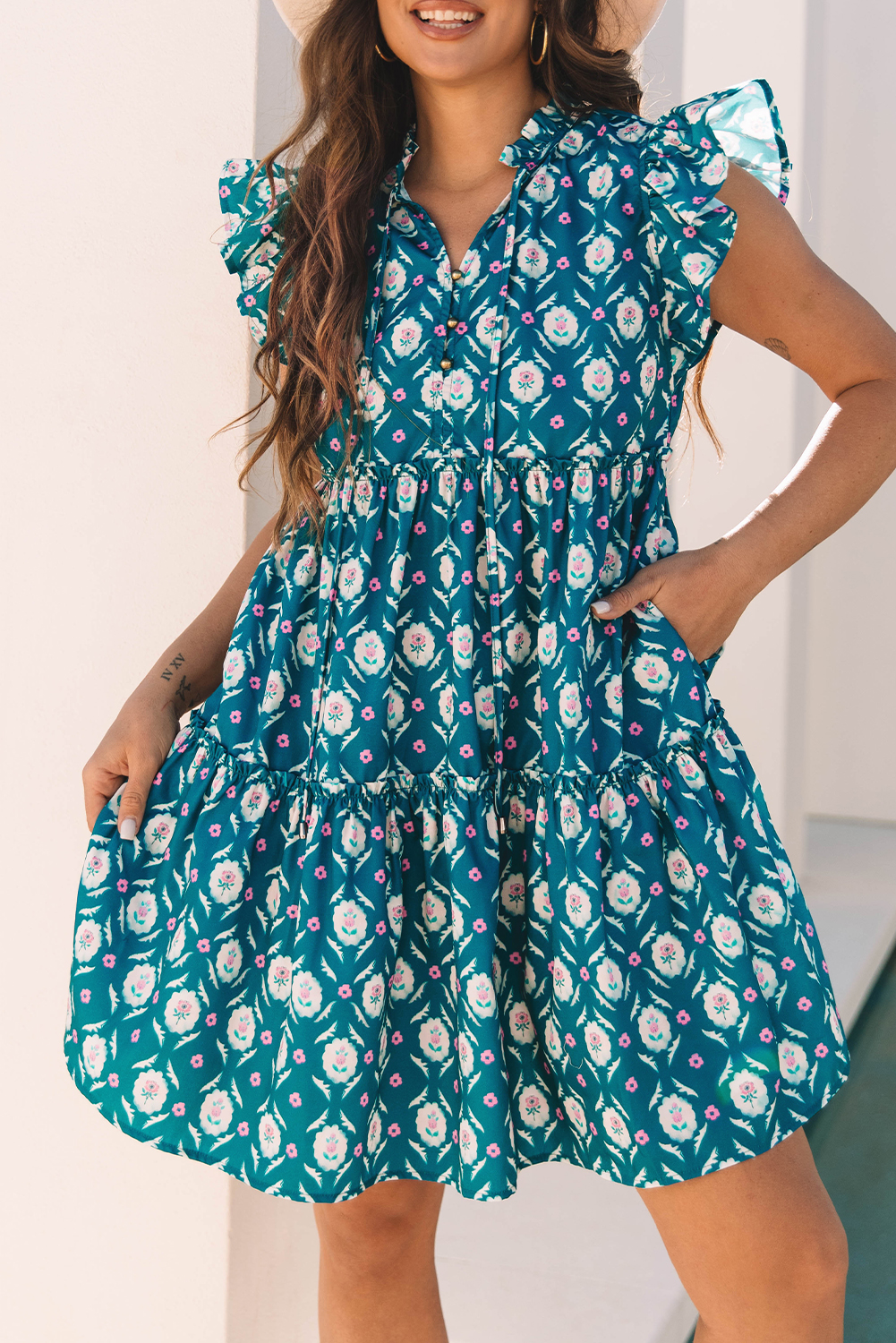 Chic Split Neck A-Line Dress: Playful Ruffle Sleeves and Vintage Floral Design - Detail View 6 Chic Split Neck A-Line Dress: Playful Ruffle Sleeves and Vintage Floral Design - Detail View 6