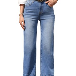 Women's Sail Blue Raw Hem Straight Jeans – High Rise Loose Fit with Unique Cuffs for Casual Daily Wear - Main View