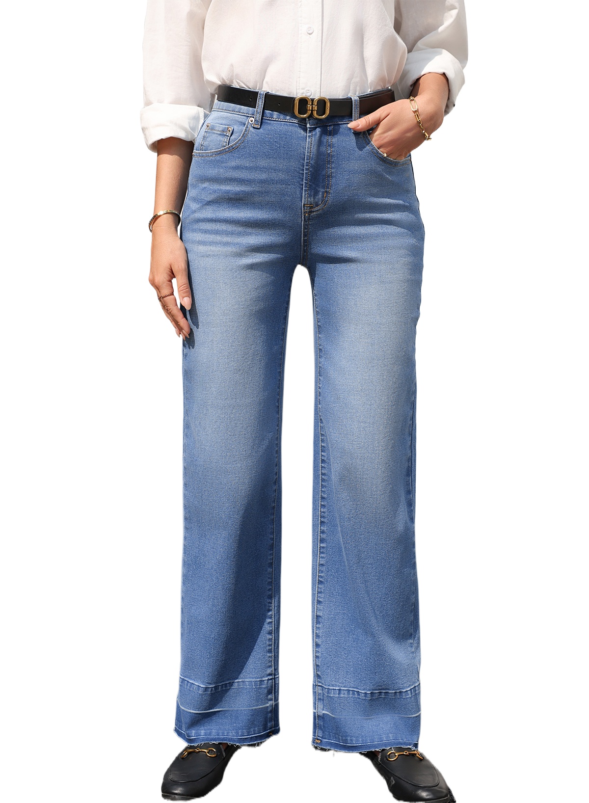 Women's Sail Blue Raw Hem Straight Jeans – High Rise Loose Fit with Unique Cuffs for Casual Daily Wear - Main View Women's Sail Blue Raw Hem Straight Jeans – High Rise Loose Fit with Unique Cuffs for Casual Daily Wear - Main View