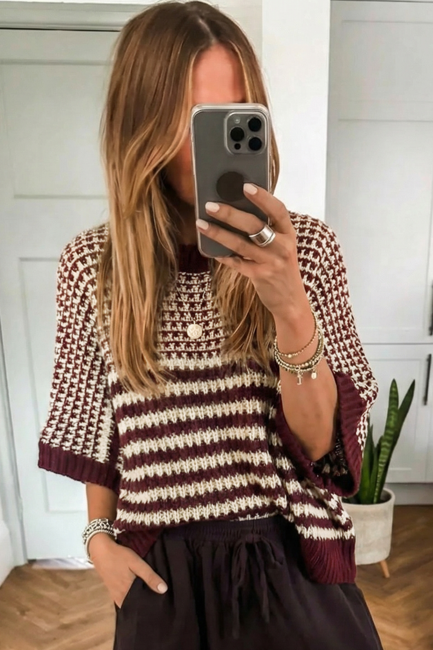 Casual Women's Red Slouchy Sweater with 3/4 Draped Sleeves for Daily Wear - Detail View 7 Casual Women's Red Slouchy Sweater with 3/4 Draped Sleeves for Daily Wear - Detail View 7