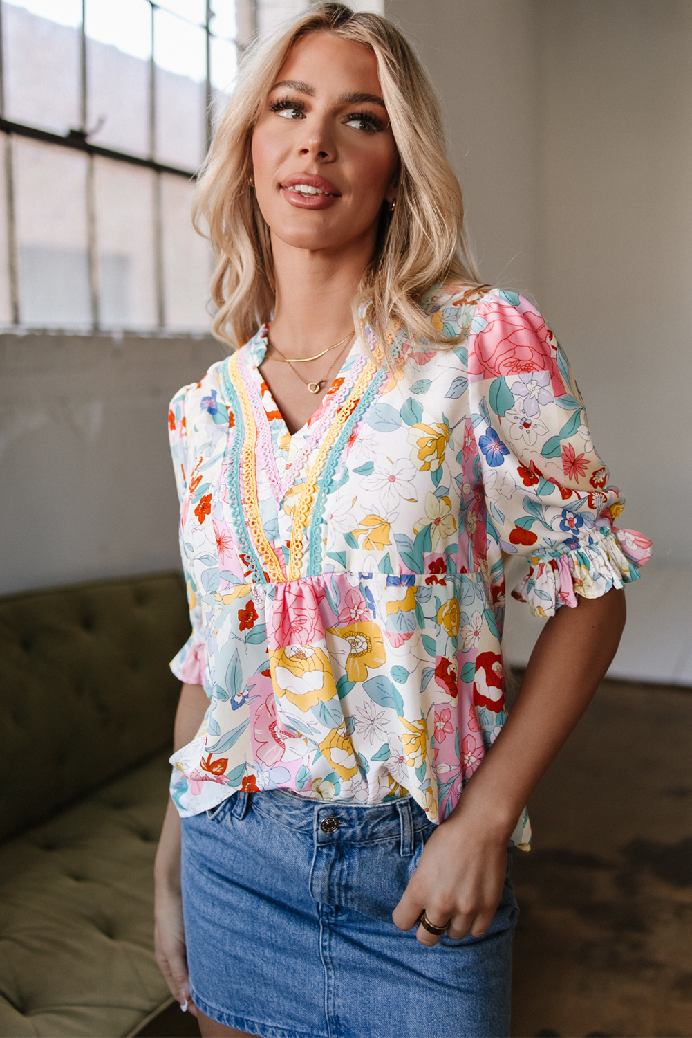 Women's Blouse, Pink Floral Print, Half Puff Sleeve, V Neck, Casual Style, Summer Wear, Lightweight Fabric, Breathable Design, Unique Feminine Look, Frilled Details, Tops, Blouses & Shirts - Detail View 4 Women's Blouse, Pink Floral Print, Half Puff Sleeve, V Neck, Casual Style, Summer Wear, Lightweight Fabric, Breathable Design, Unique Feminine Look, Frilled Details, Tops, Blouses & Shirts - Detail View 4