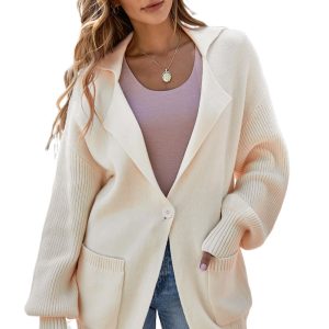 Women's Beige Knit Lapel Collar Cardigan – Casual Fall Layering Essential - Main View