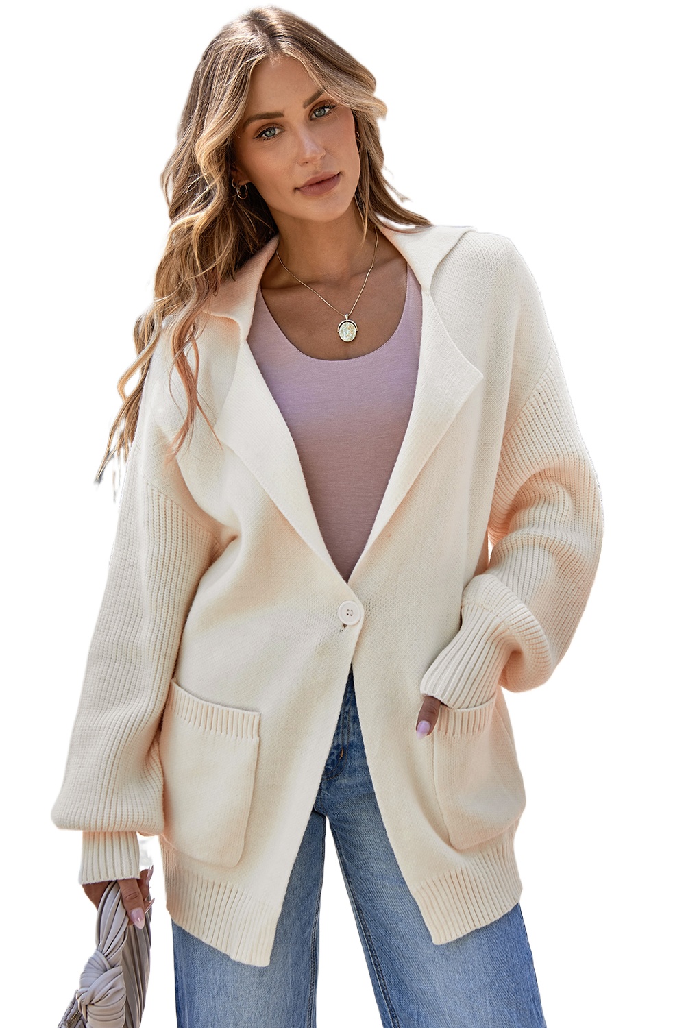 Women's Beige Knit Lapel Collar Cardigan – Casual Fall Layering Essential - Main View Women's Beige Knit Lapel Collar Cardigan – Casual Fall Layering Essential - Main View