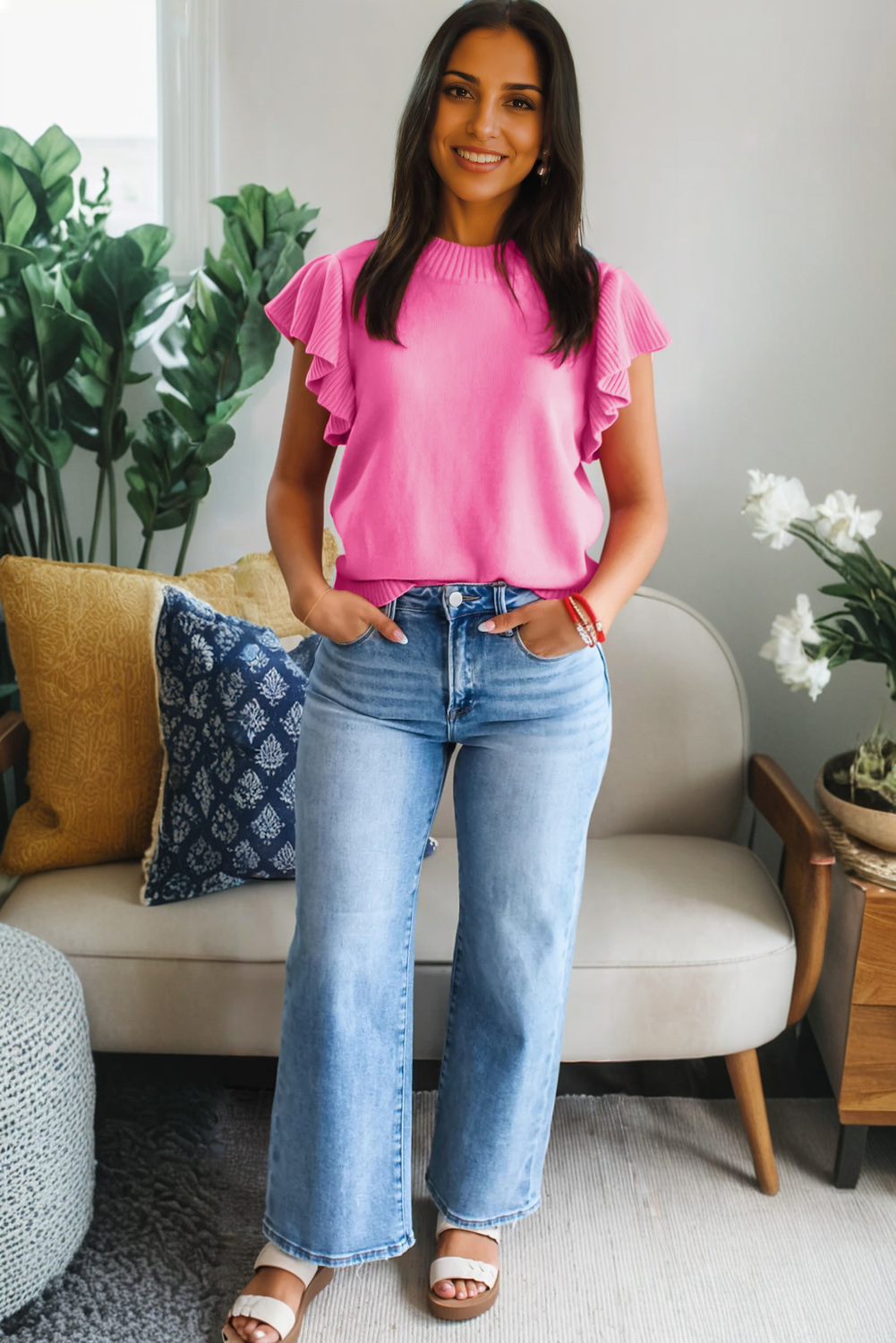 Summer Ready Sachet Pink Ribbed Sweater with Ruffle Details – Ideal for Women - Detail View 6 Summer Ready Sachet Pink Ribbed Sweater with Ruffle Details – Ideal for Women - Detail View 6