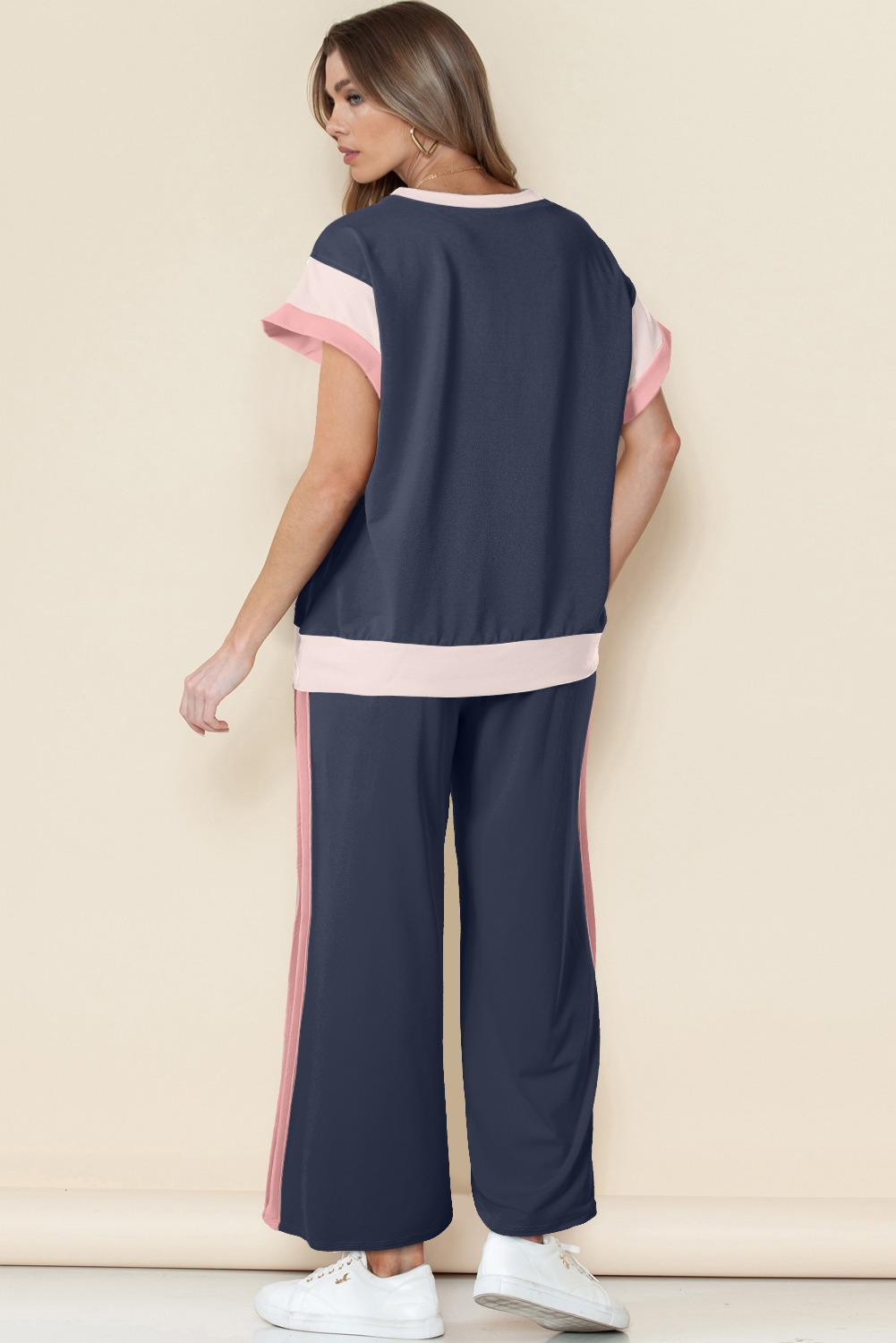 Navy Blue Contrast Trim Wide-Leg Two-Piece Outfit for Women – Summer Casual Style - Detail View 2 Navy Blue Contrast Trim Wide-Leg Two-Piece Outfit for Women – Summer Casual Style - Detail View 2