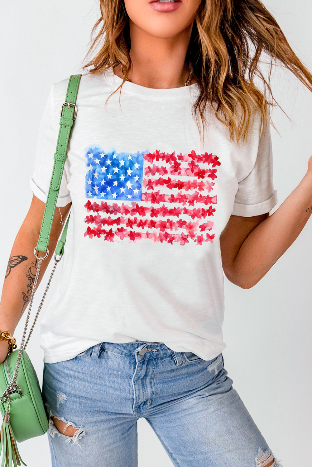 Women's White Flag Graphic Crew Neck Tee - Patriotic USA T-Shirt with Floral Details - Detail View 9 Women's White Flag Graphic Crew Neck Tee - Patriotic USA T-Shirt with Floral Details - Detail View 9