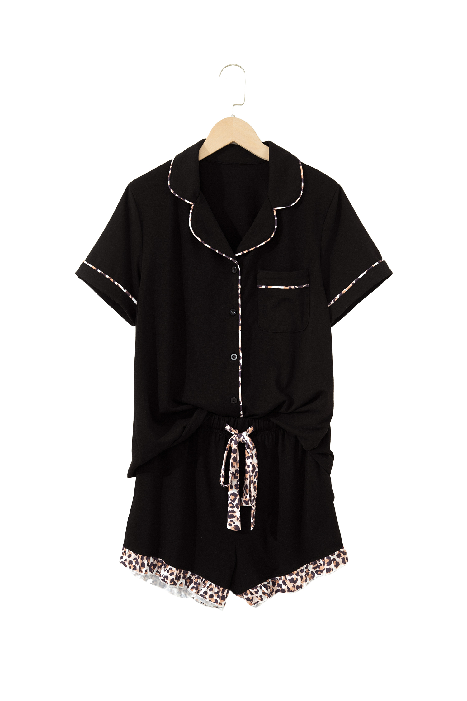 Women's Leopard Patchwork Pajama Set – Short Sleeve Lapel Shirt and Drawstring Shorts, Casual Home Loungewear - Detail View 19 Women's Leopard Patchwork Pajama Set – Short Sleeve Lapel Shirt and Drawstring Shorts, Casual Home Loungewear - Detail View 19