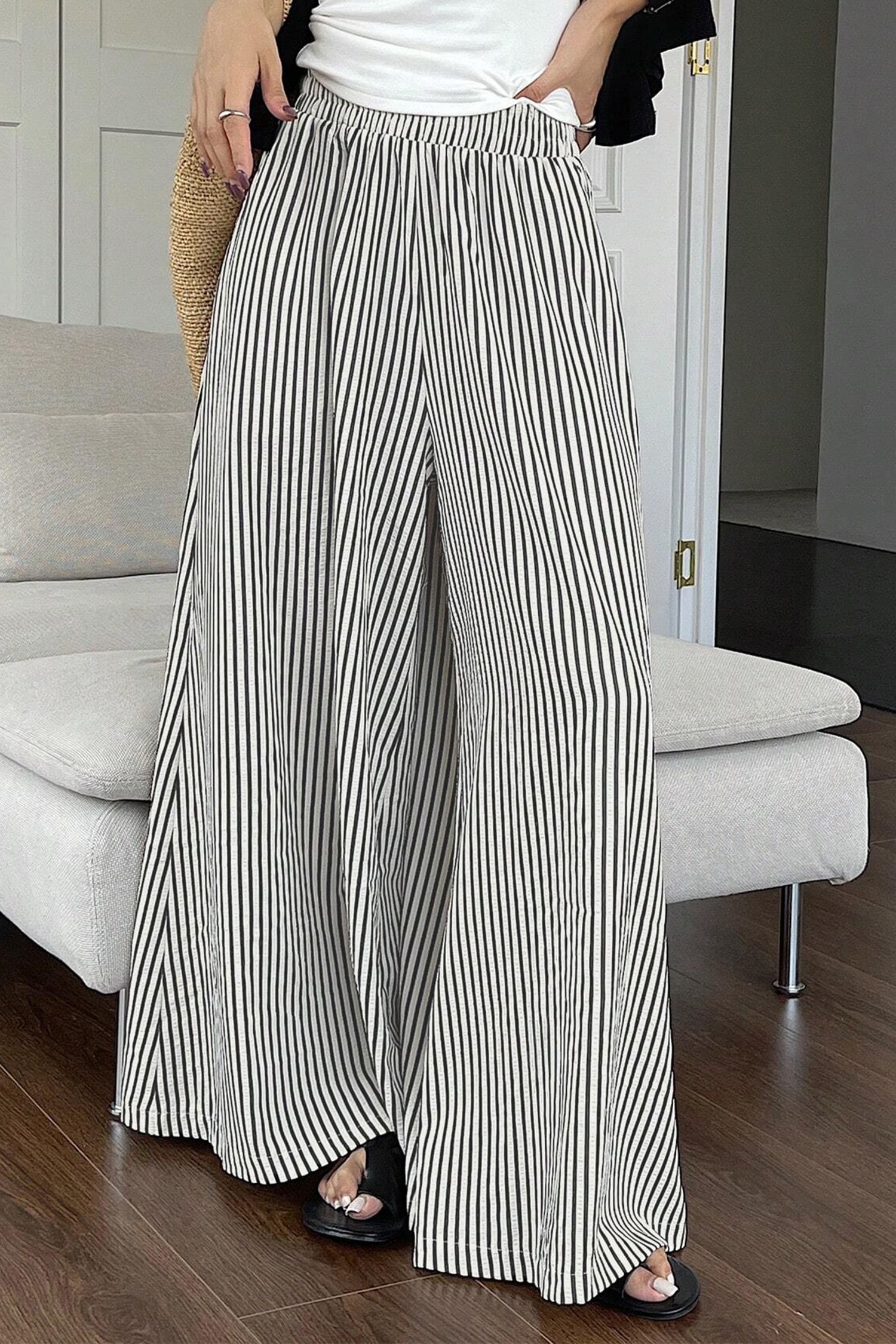 Striped Wide Leg Pants for Women – High Waist Flowy Palazzo Trousers, Casual Vacation Style - Detail View 5 Striped Wide Leg Pants for Women – High Waist Flowy Palazzo Trousers, Casual Vacation Style - Detail View 5