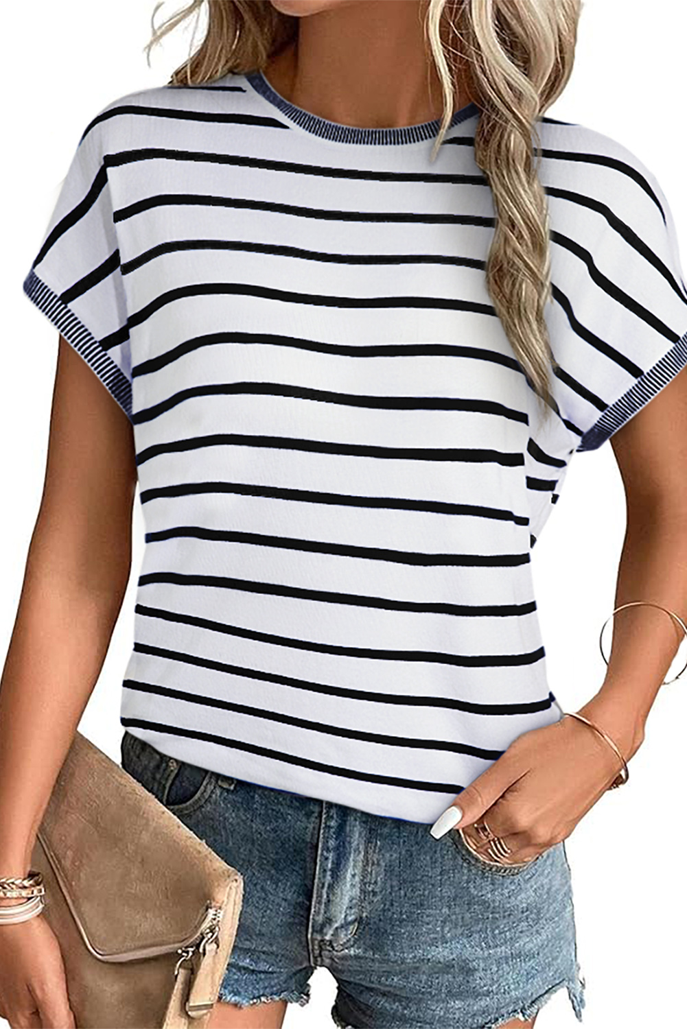 Women's White Stripe Knitted Bat Sleeve T-Shirt for Casual Elegance - Detail View 9 Women's White Stripe Knitted Bat Sleeve T-Shirt for Casual Elegance - Detail View 9