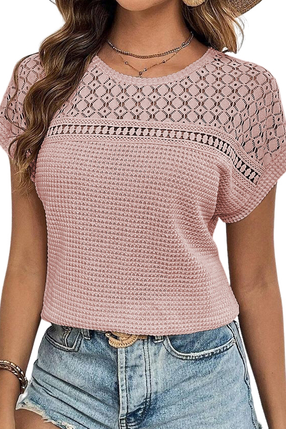 Women's Top, Light Pink, Lace Patchwork, Waffle Texture, Short Sleeve, Casual Style, Breathable Fabric, Comfortable, Summer Wear, Daily Wear, Solid Color, Elegant Design, Tops & Tees - Detail View 8 Women's Top, Light Pink, Lace Patchwork, Waffle Texture, Short Sleeve, Casual Style, Breathable Fabric, Comfortable, Summer Wear, Daily Wear, Solid Color, Elegant Design, Tops & Tees - Detail View 8