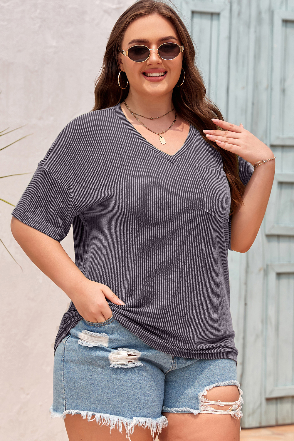 Light Grey V-Neck Plus T-Shirt for Women – Stylish Dropped Shoulder Design, Perfect for Everyday Wear - Detail View 5 Light Grey V-Neck Plus T-Shirt for Women – Stylish Dropped Shoulder Design, Perfect for Everyday Wear - Detail View 5