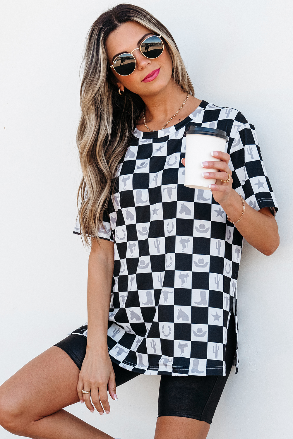 Trendy Women's Short Sleeve Tee - Black Plaid Design for Chic Summer Looks - Detail View 3 Trendy Women's Short Sleeve Tee - Black Plaid Design for Chic Summer Looks - Detail View 3