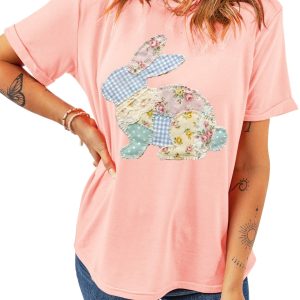Women's Pink Vibrant Easter Bunny Patchwork T-Shirt – Casual Summer Style for Daily Wear - Main View