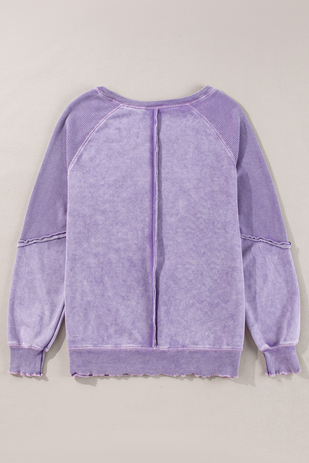 Women's Orchid Petal Waffle Knit Patchwork Raglan Sleeve Sweatshirt - Casual Long Sleeve Top - Detail View 5 Women's Orchid Petal Waffle Knit Patchwork Raglan Sleeve Sweatshirt - Casual Long Sleeve Top - Detail View 5