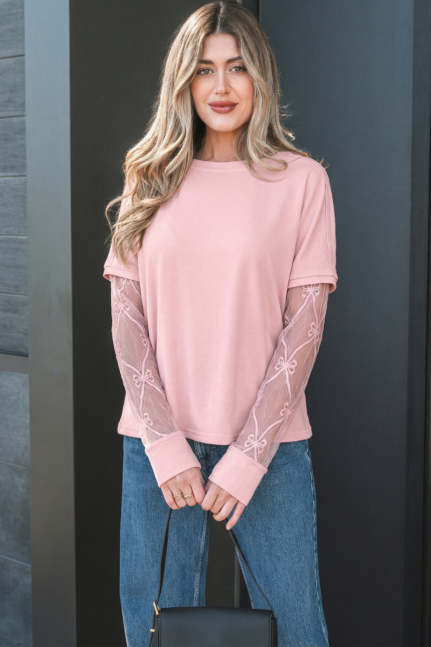 Chic Light Pink Solid Color Long Sleeve Tee with Bow Detail – Perfect for Casual Outings - Detail View 8 Chic Light Pink Solid Color Long Sleeve Tee with Bow Detail – Perfect for Casual Outings - Detail View 8
