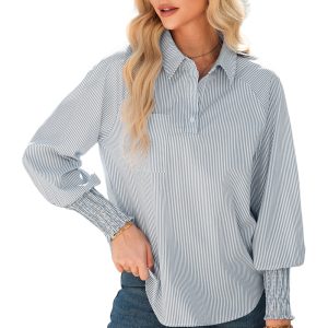 Women's Gray Pinstripe Blouse – Smocked Cuff Office Shirt - Main View