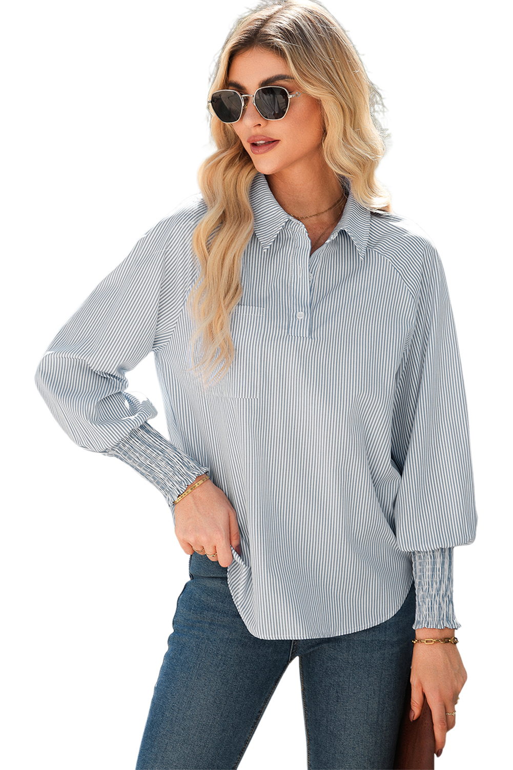Women's Gray Pinstripe Blouse – Smocked Cuff Office Shirt - Main View Women's Gray Pinstripe Blouse – Smocked Cuff Office Shirt - Main View
