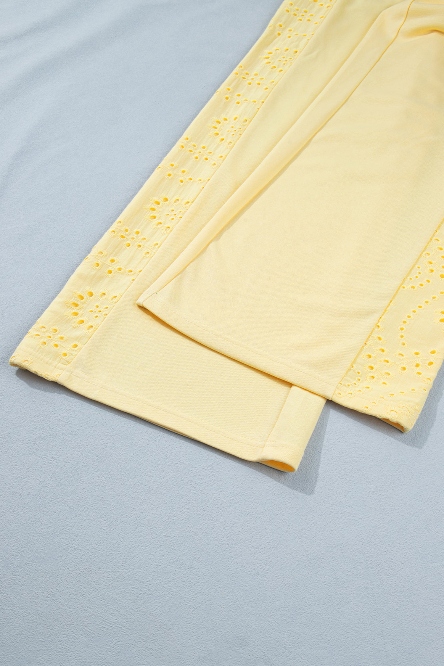 Casual Women's Summer Two Piece Outfit – Patchwork Lace Top and Elastic Waist Wide Leg Pants - Detail View 14 Casual Women's Summer Two Piece Outfit – Patchwork Lace Top and Elastic Waist Wide Leg Pants - Detail View 14