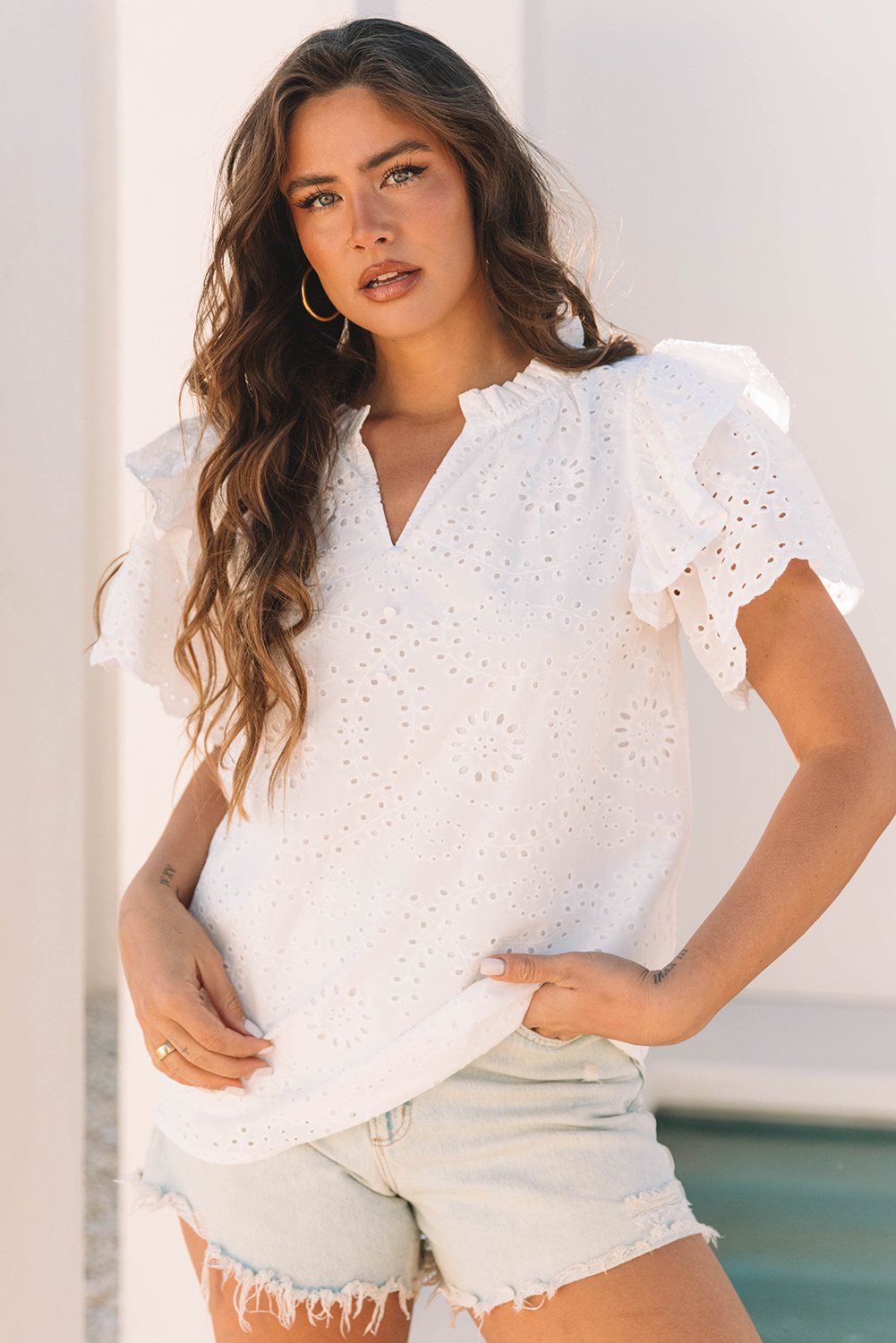 Chic V Neck Cotton Blouse with Frill Detail - Versatile Summer Style - Detail View 6 Chic V Neck Cotton Blouse with Frill Detail - Versatile Summer Style - Detail View 6