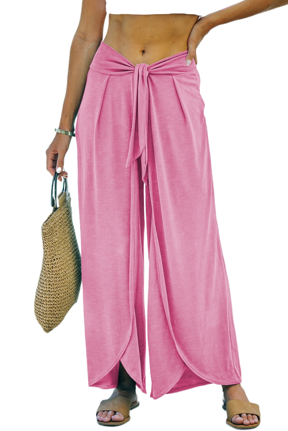Women's Bonbon Knotted Drop Waist Split Leg Relaxed Pants for Casual Outings - Main View Women's Bonbon Knotted Drop Waist Split Leg Relaxed Pants for Casual Outings - Main View