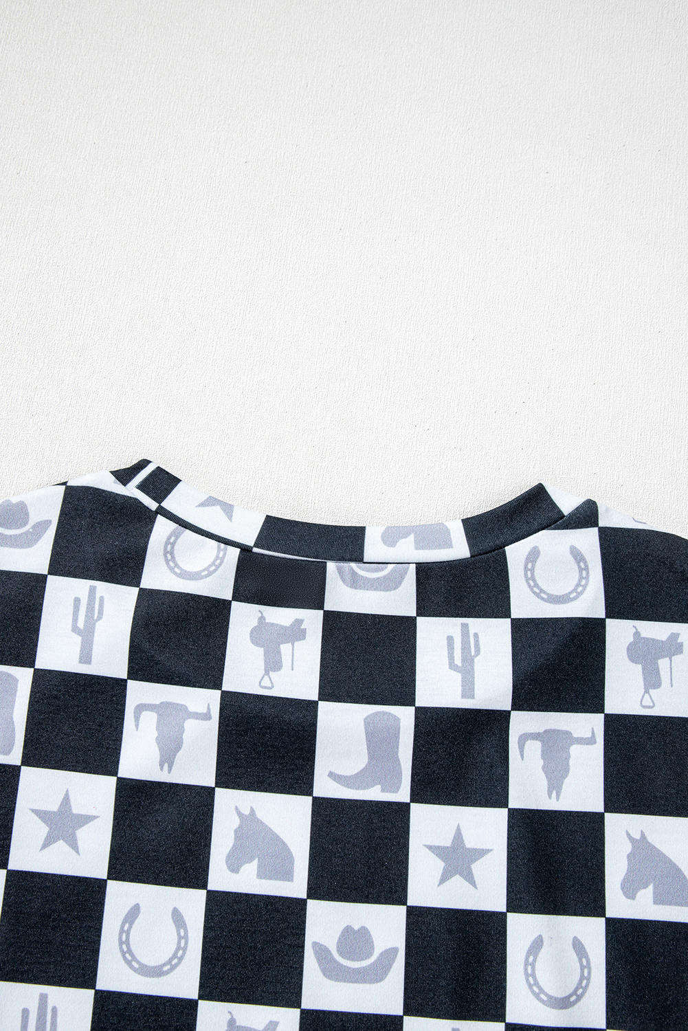 Women's Black Western Fashion Checkerboard Print Side Split T-Shirt - Detail View 17 Women's Black Western Fashion Checkerboard Print Side Split T-Shirt - Detail View 17