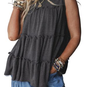 Women's Dark Grey Tiered Frill Trim A-line Tank Top – Stylish Casual Wear for Summer - Main View