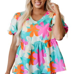 Women's Pink Floral Print Bubble Sleeve V Neck Peplum Blouse - Elegant Summer Top - Main View