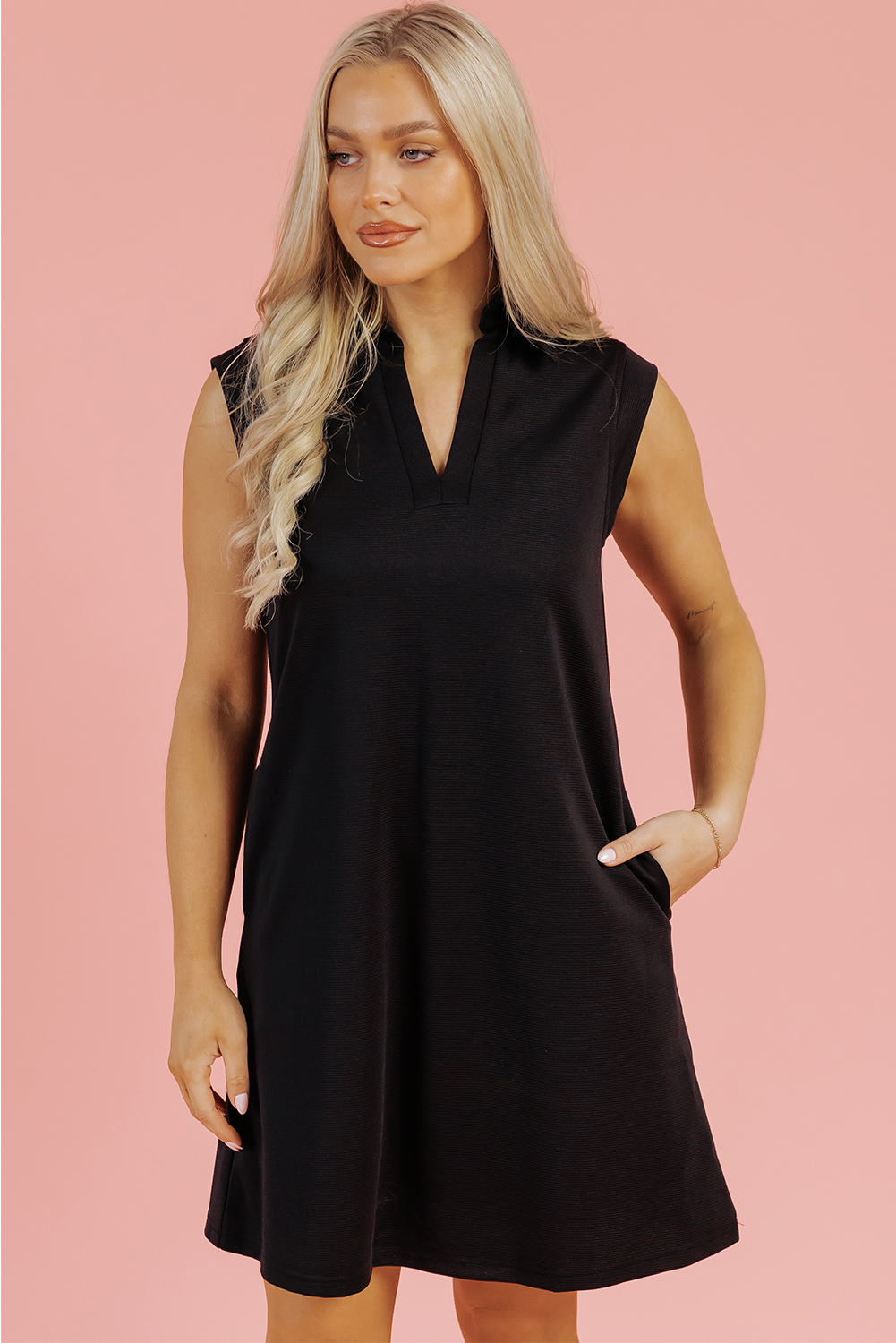 Women's Mini Dress, Black Dress, Solid Color, V Neck, Sleeveless, Casual, Elegant, Versatile, Flirty Style, H-Line Silhouette, Comfortable, Summer Fashion, Daily Wear, Basic Style, Short Length - Detail View 8 Women's Mini Dress, Black Dress, Solid Color, V Neck, Sleeveless, Casual, Elegant, Versatile, Flirty Style, H-Line Silhouette, Comfortable, Summer Fashion, Daily Wear, Basic Style, Short Length - Detail View 8
