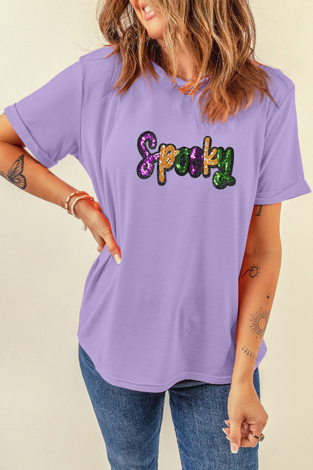 Wisteria Spooky Sequin Letter Patched Casual T-Shirt for Women - Detail View 5 Wisteria Spooky Sequin Letter Patched Casual T-Shirt for Women - Detail View 5