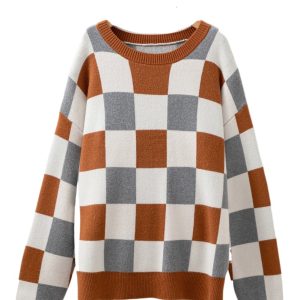 Plus Size Brown Checkered Crewneck Sweater for Women - Casual Style - Main View