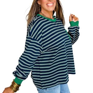 Women's Green Stripe Ribbed Color Block Long Sleeve Top – Casual Autumn Style - Main View
