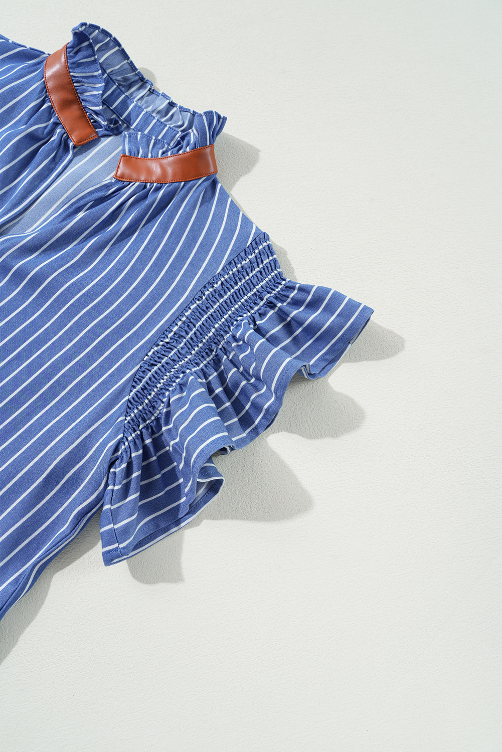 Playful Sky Blue Striped Short Dress with Ruffled Sleeves and Faux Leather Neck Trim - Detail View 14 Playful Sky Blue Striped Short Dress with Ruffled Sleeves and Faux Leather Neck Trim - Detail View 14