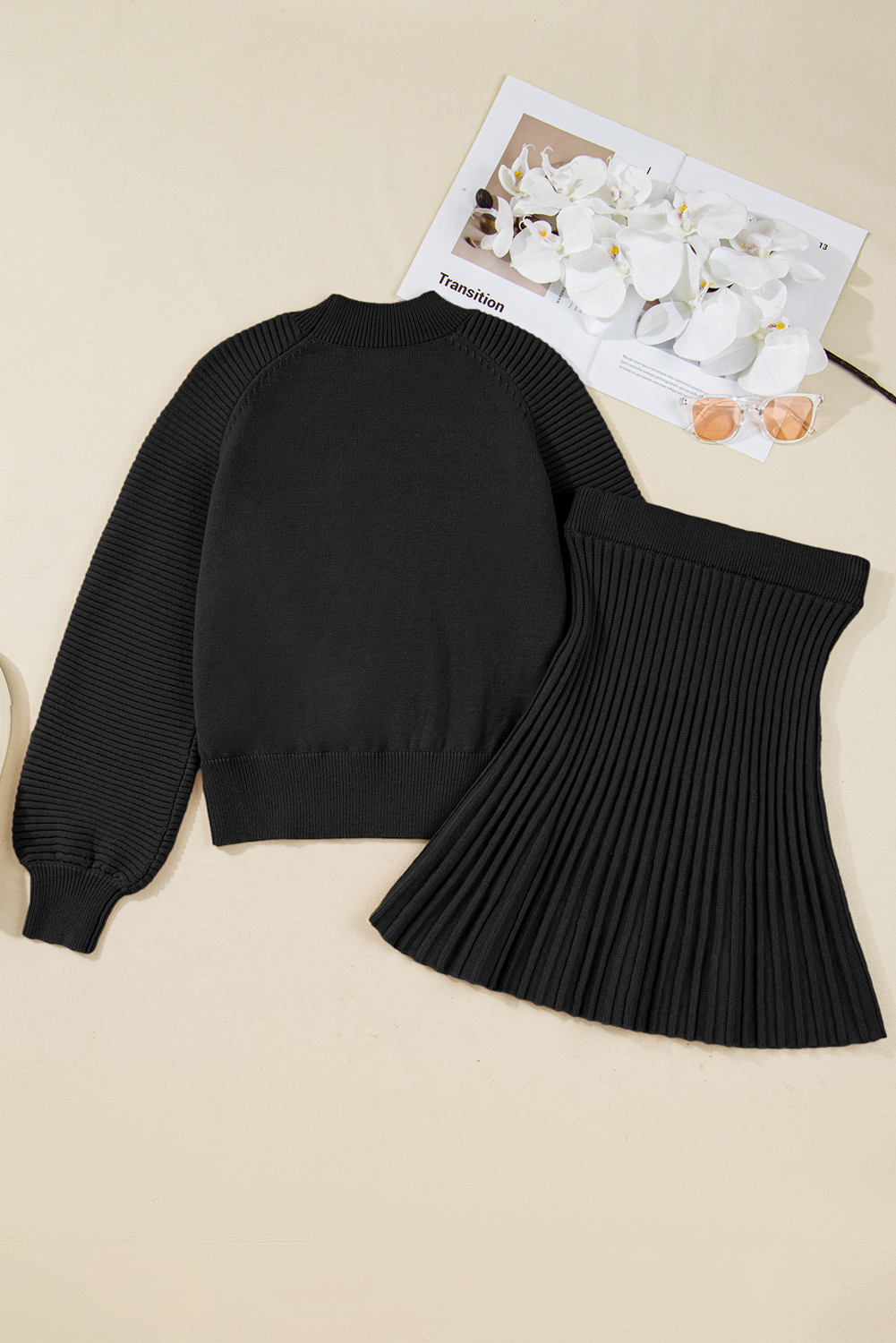 Chic Black High Neck Sweater with Puff Sleeves & Pleated Mini Skirt – Stylish Daily Wear for Women - Detail View 5 Chic Black High Neck Sweater with Puff Sleeves & Pleated Mini Skirt – Stylish Daily Wear for Women - Detail View 5