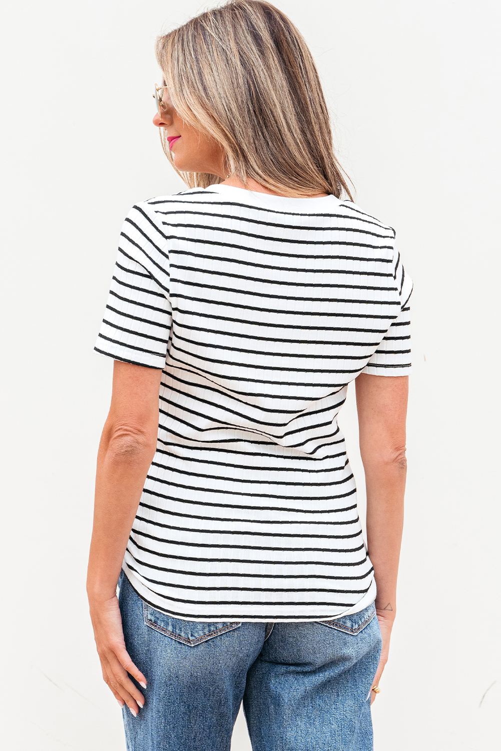 Stylish and Comfortable Striped Henley T-Shirt for Women - Breezy Short Sleeves - Detail View 2 Stylish and Comfortable Striped Henley T-Shirt for Women - Breezy Short Sleeves - Detail View 2