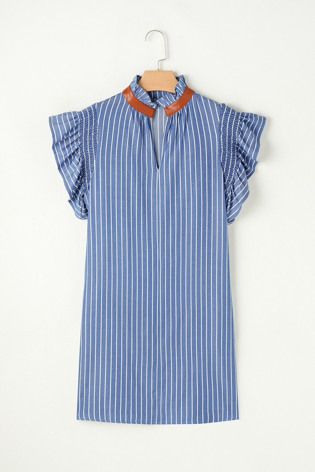 Women's Dress, Sky Blue, Stripe, Mini Dress, Ruffle Sleeve, Split Neck, Casual, Playful, Flirty, Shirred Design, Faux Leather Trim, Concealed Pockets, Summer Fashion, Daily Wear, Relaxed Silhouette - Detail View 8 Women's Dress, Sky Blue, Stripe, Mini Dress, Ruffle Sleeve, Split Neck, Casual, Playful, Flirty, Shirred Design, Faux Leather Trim, Concealed Pockets, Summer Fashion, Daily Wear, Relaxed Silhouette - Detail View 8