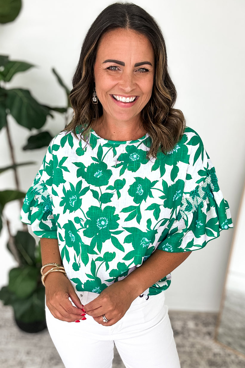 Loose Fit Round Neck Top for Women - Charming Green Floral Design - Detail View 3 Loose Fit Round Neck Top for Women - Charming Green Floral Design - Detail View 3