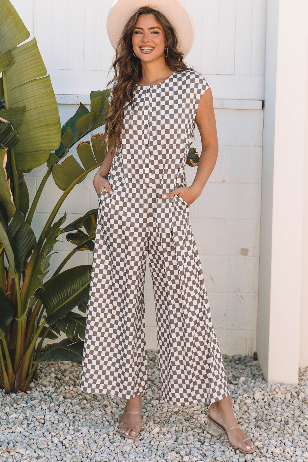 Chic Women's Khaki Checkered Print Buttoned Crew Neck Wide Leg Jumpsuit - Detail View 9 Chic Women's Khaki Checkered Print Buttoned Crew Neck Wide Leg Jumpsuit - Detail View 9