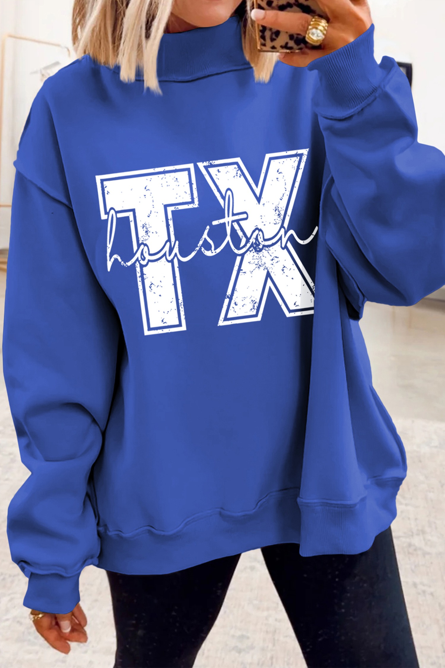Chic Dark Blue Reversible Mock Neck Sweatshirt for Women – Texas Graphic Design for Daily Wear - Detail View 2 Chic Dark Blue Reversible Mock Neck Sweatshirt for Women – Texas Graphic Design for Daily Wear - Detail View 2