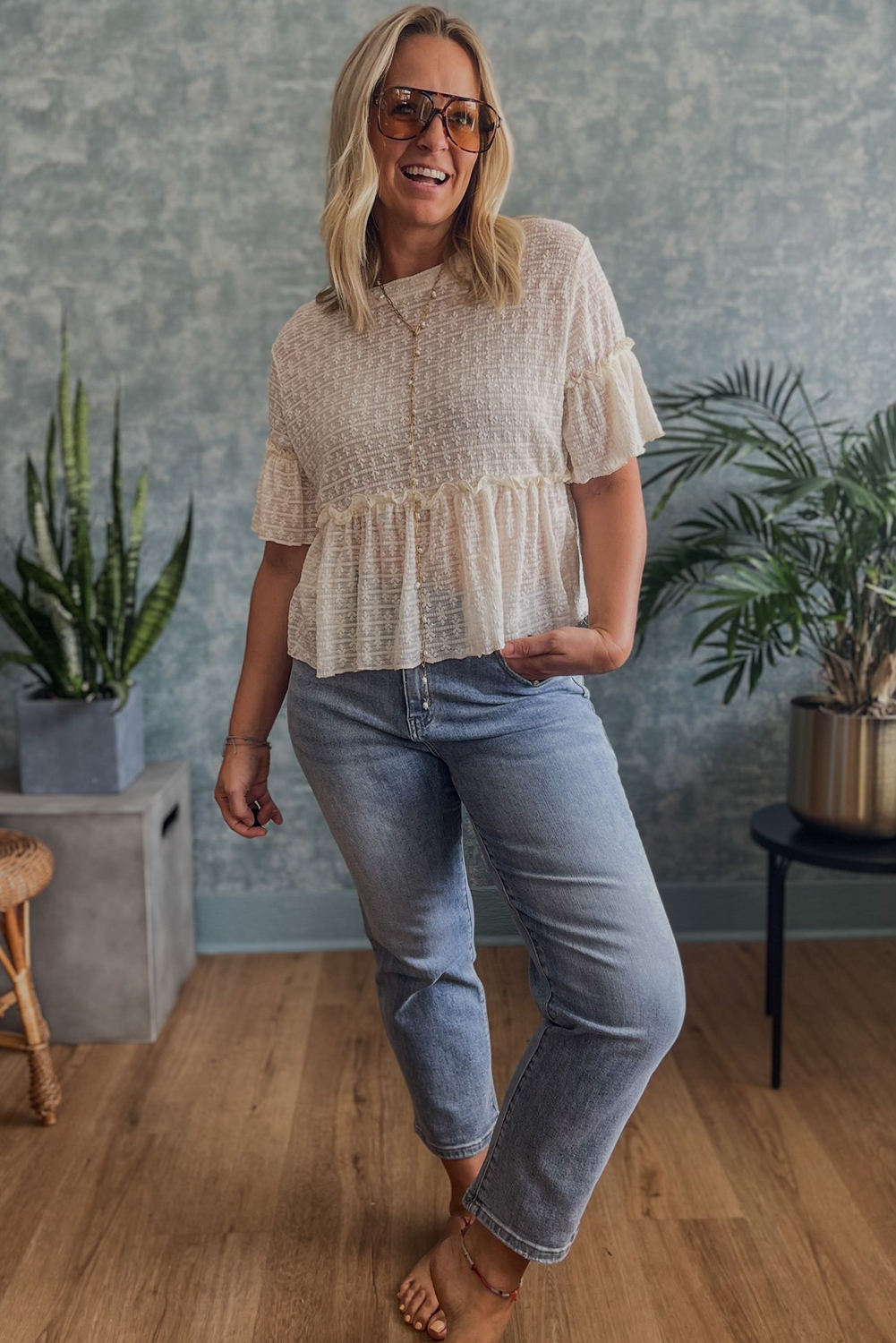 Chic Ruffled Short Sleeve Blouse in Beige - Perfect for Daily Wear - Detail View 2 Chic Ruffled Short Sleeve Blouse in Beige - Perfect for Daily Wear - Detail View 2