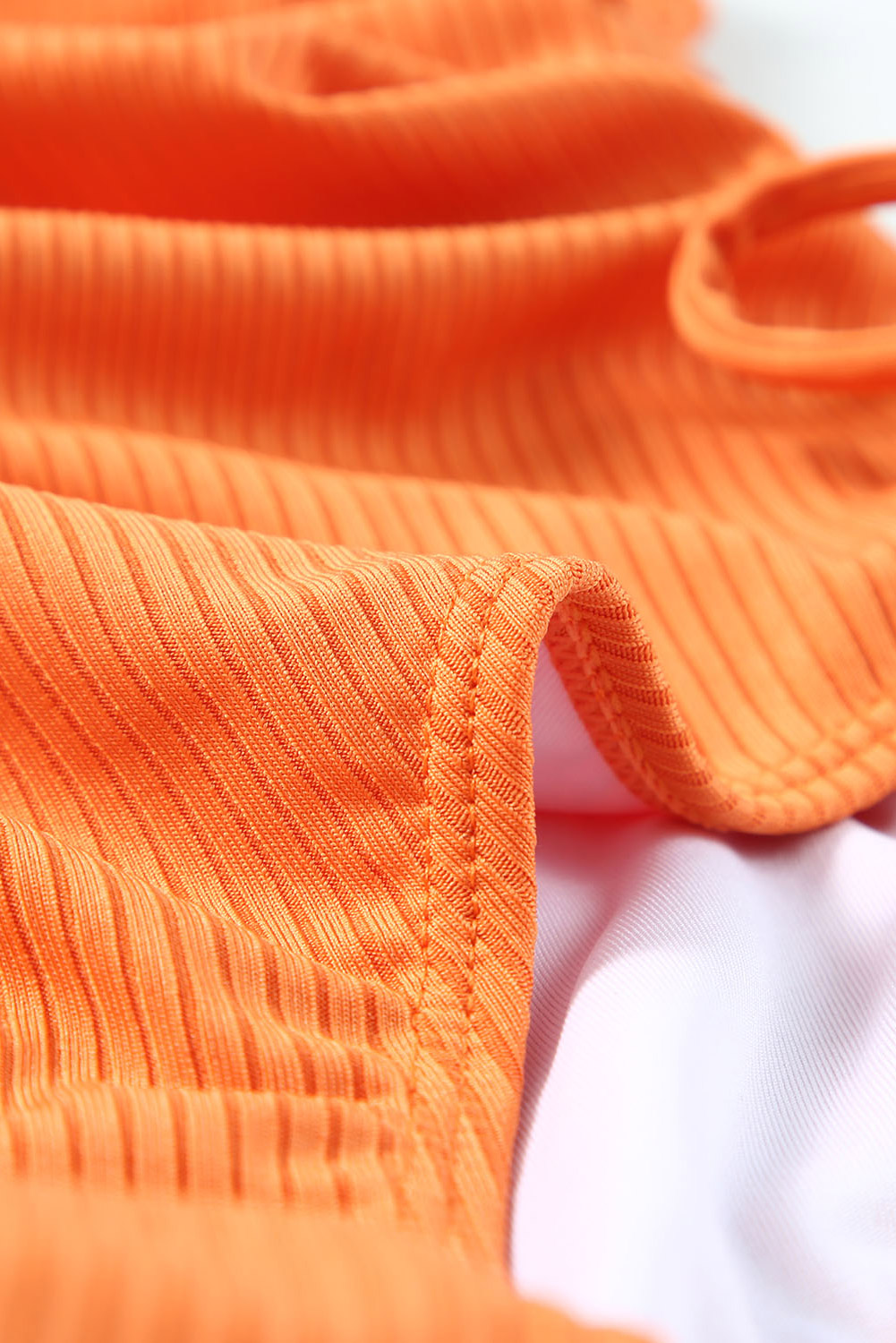 Women's Orange Adjustable Straps Ribbed Knit One Piece Swimsuit with V Neck - Detail View 13 Women's Orange Adjustable Straps Ribbed Knit One Piece Swimsuit with V Neck - Detail View 13