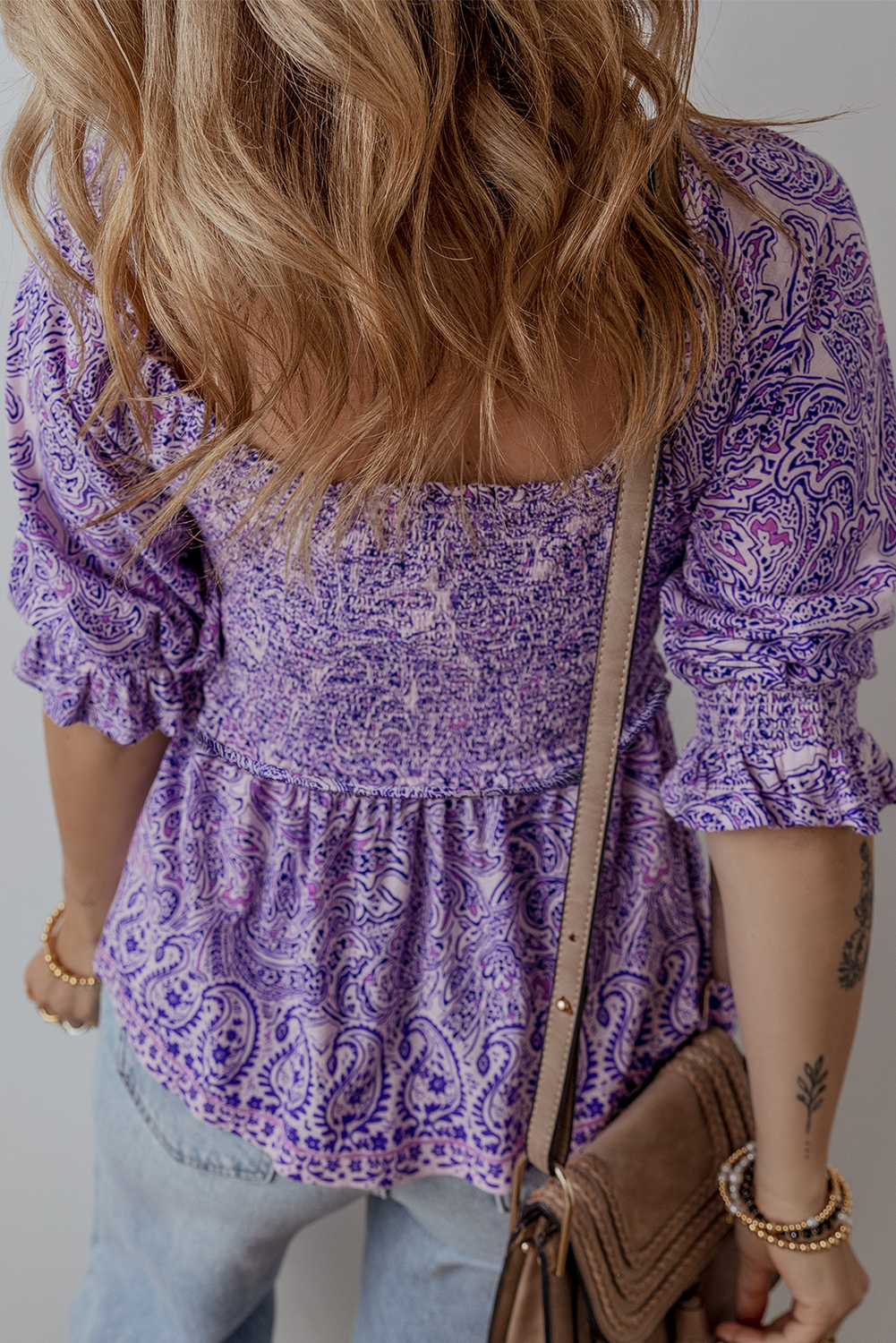 Stylish Purple Paisley Print Blouse with Puff Sleeves and Ruffled Details - Detail View 2 Stylish Purple Paisley Print Blouse with Puff Sleeves and Ruffled Details - Detail View 2