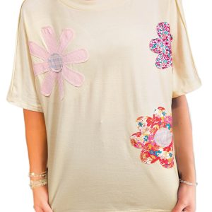 Women's Apricot Flower Patched Loose Tee with Exposed Stitching Trim - Main View
