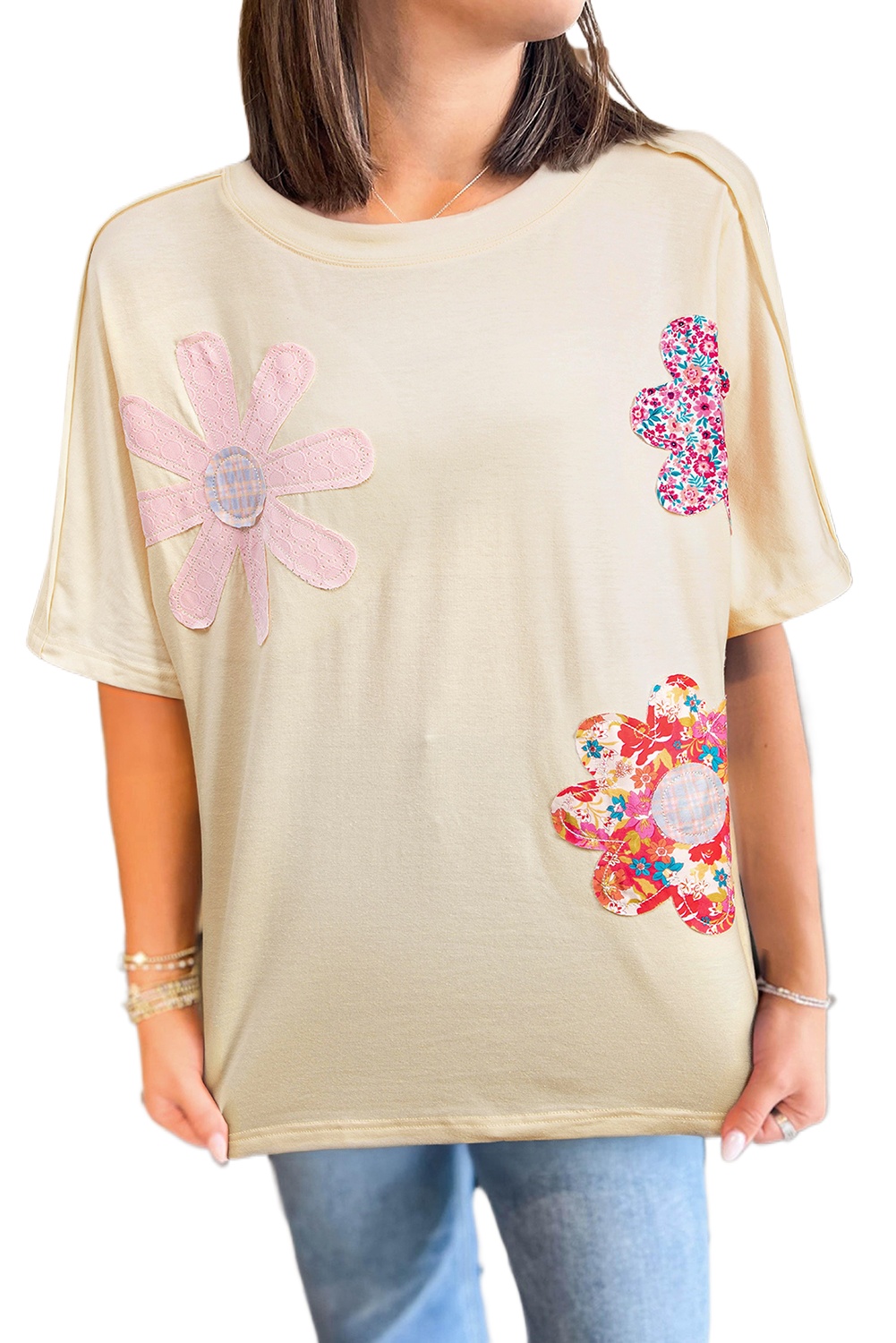 Women's Apricot Flower Patched Loose Tee with Exposed Stitching Trim - Main View Women's Apricot Flower Patched Loose Tee with Exposed Stitching Trim - Main View