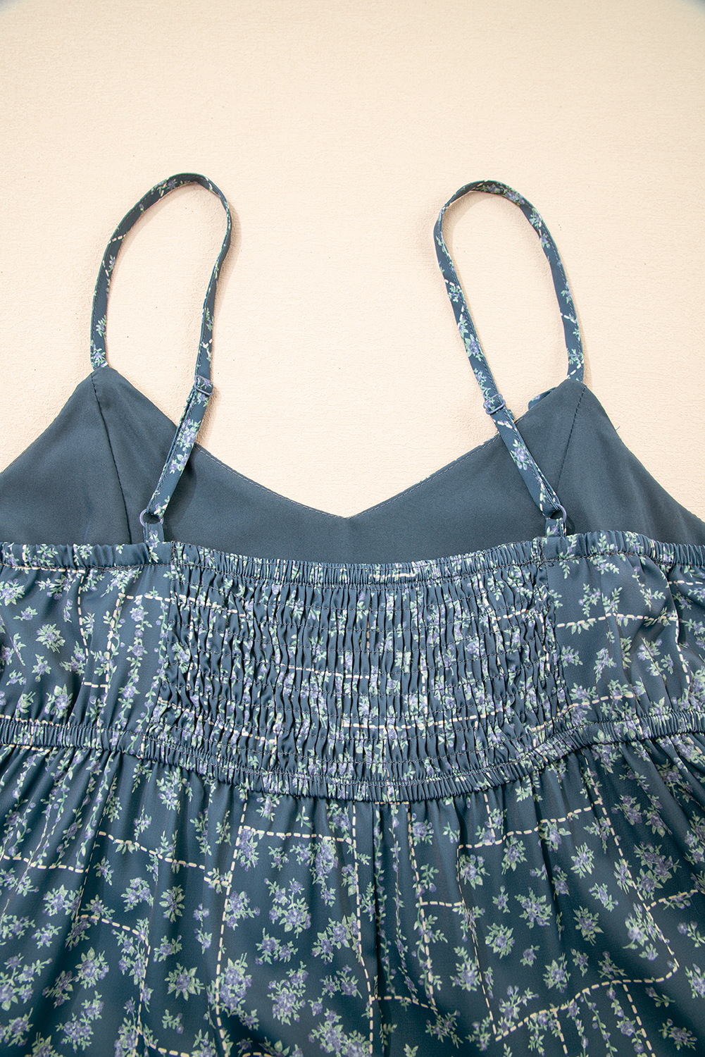 Women's Dress, Blue Floral Dress, Spaghetti Straps, High Waist, A-Line Dress, Mini Length, Casual, Vacation, Date Night, Floral Print, Sexy Design, Comfortable Fit - Detail View 12 Women's Dress, Blue Floral Dress, Spaghetti Straps, High Waist, A-Line Dress, Mini Length, Casual, Vacation, Date Night, Floral Print, Sexy Design, Comfortable Fit - Detail View 12