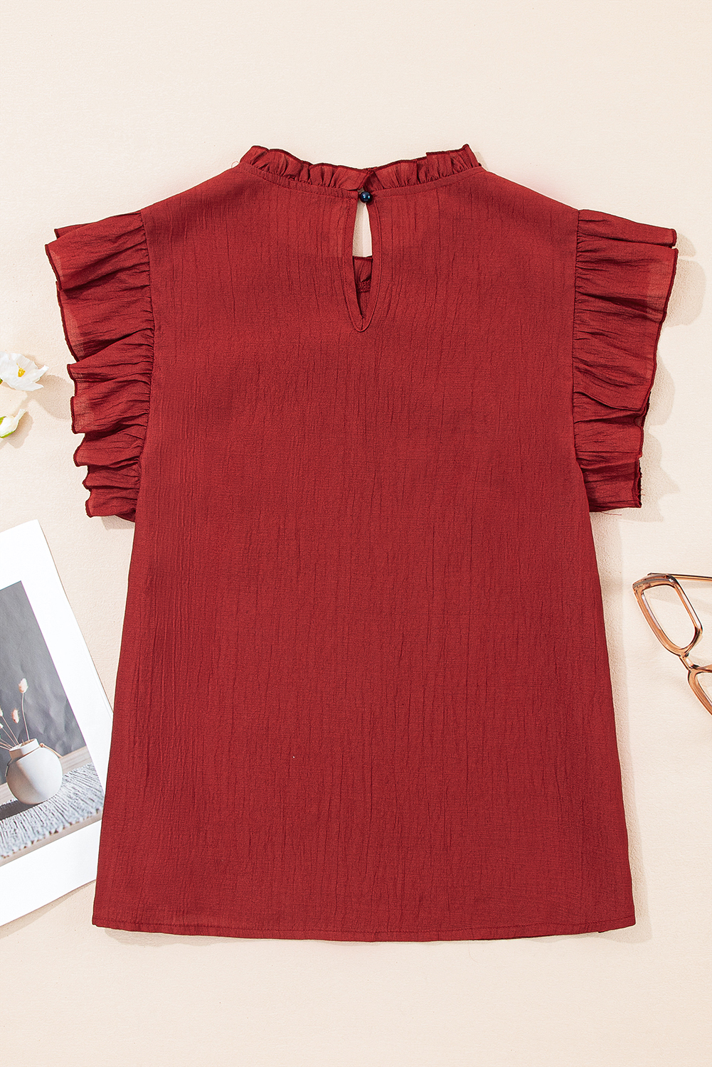 Women's Blouse, Red Dahlia, Solid Color, Pleated Detail, Ruffle Sleeves, Casual Style, Summer Fashion, Daily Wear, Versatile Top, Chic Look, Elegant Design, Modern Style, Shift Silhouette - Detail View 4 Women's Blouse, Red Dahlia, Solid Color, Pleated Detail, Ruffle Sleeves, Casual Style, Summer Fashion, Daily Wear, Versatile Top, Chic Look, Elegant Design, Modern Style, Shift Silhouette - Detail View 4
