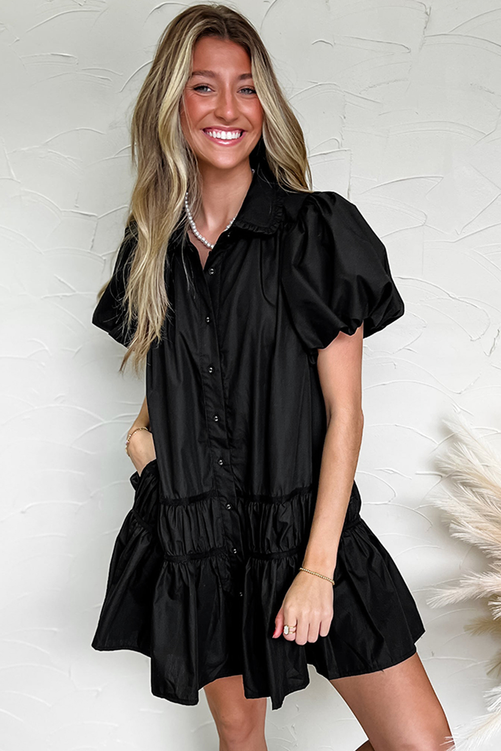 Chic Mini Dress with Puff Sleeves and Ruffle Hem - Perfect for Daily Wear - Detail View 6 Chic Mini Dress with Puff Sleeves and Ruffle Hem - Perfect for Daily Wear - Detail View 6
