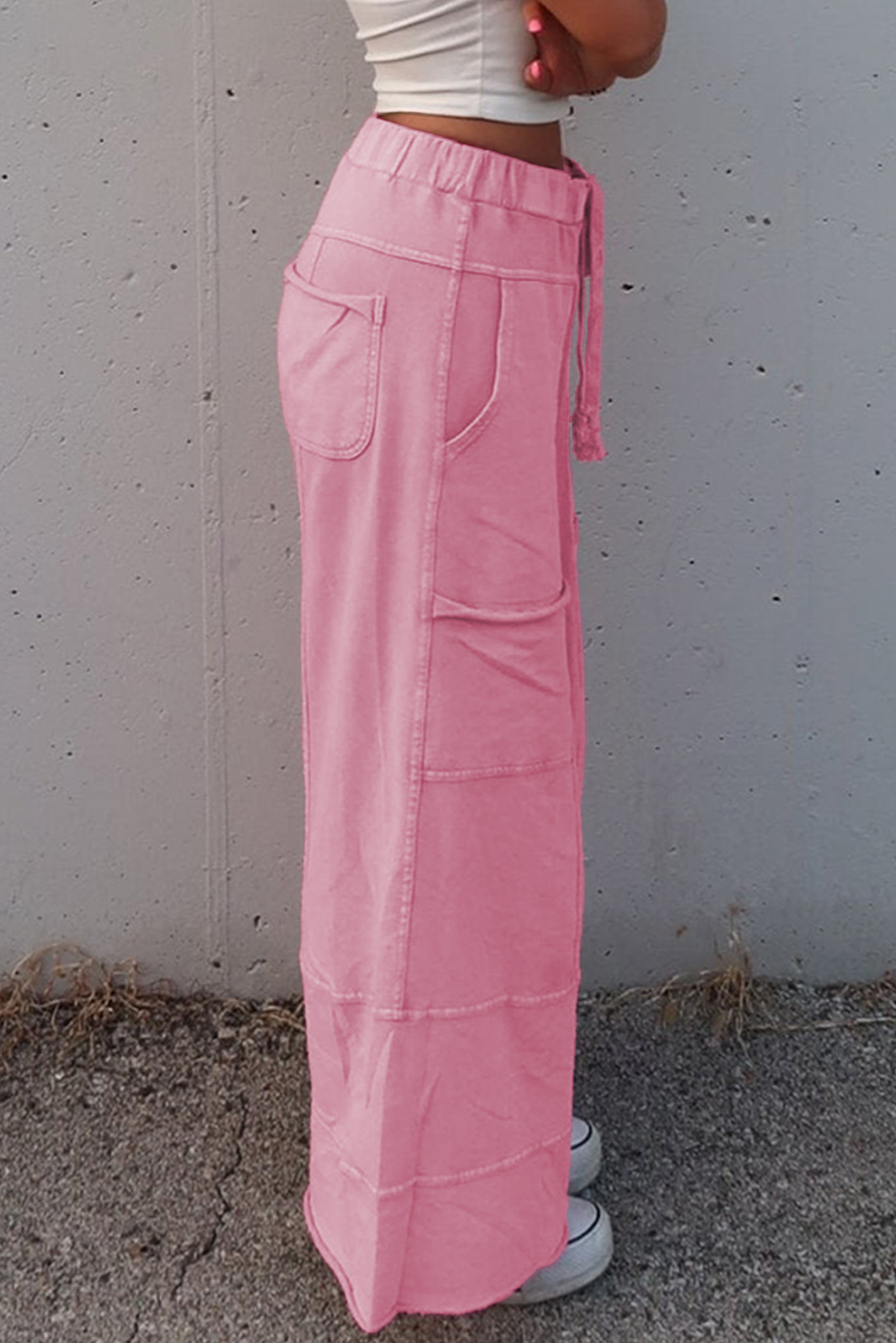 Women's Cargo Pants, Bonbon Color, Mineral Wash, High Waist, Wide Leg, Drawstring, Casual Style, Daily Wear, Exposed Seams, Functional Pockets, 100% Cotton, Spring Fashion, Comfortable Fit, Solid Color - Detail View 4 Women's Cargo Pants, Bonbon Color, Mineral Wash, High Waist, Wide Leg, Drawstring, Casual Style, Daily Wear, Exposed Seams, Functional Pockets, 100% Cotton, Spring Fashion, Comfortable Fit, Solid Color - Detail View 4
