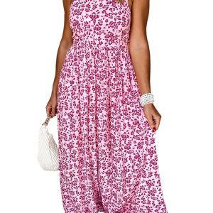 Women's Pink Floral Cutout Back Empire Waist Sleeveless Maxi Dress - Chic Summer Style - Main View