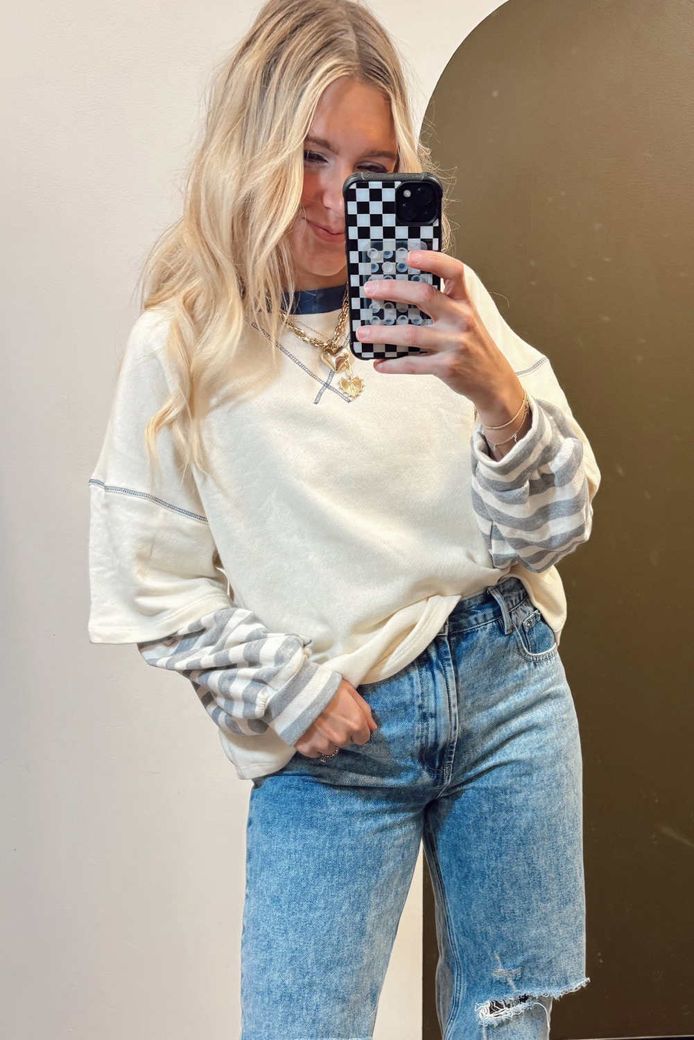 Chic Beige Colorblock Striped Top - Perfect for Daily Wear - Detail View 7 Chic Beige Colorblock Striped Top - Perfect for Daily Wear - Detail View 7