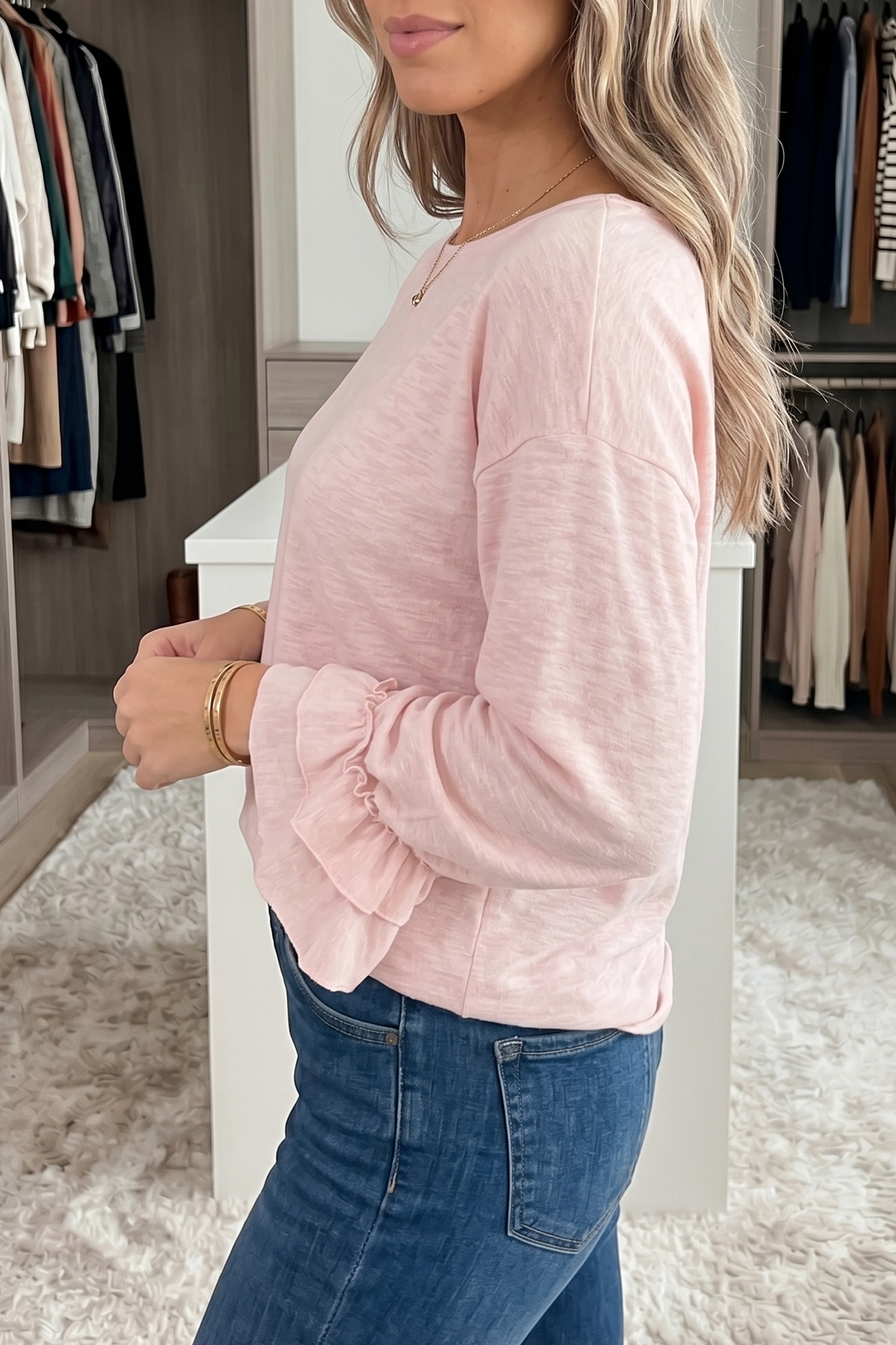 Elegant Women's Long Sleeve Top – Pink Ruffle Cuff Gift Idea - Detail View 2 Elegant Women's Long Sleeve Top – Pink Ruffle Cuff Gift Idea - Detail View 2